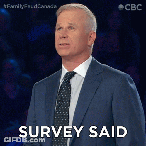 A Man In A Suit And Tie Says Survey Said In Front Of A Crowd GIF
