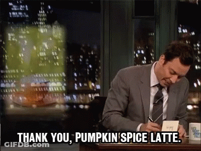 A Man In A Suit And Tie Says " Thank You Pumpkin Spice Latte " While Writing In A Notebook GIF