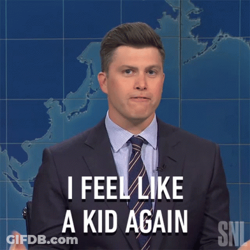 A Man In A Suit And Tie Says That He Feels Like A Kid Again GIF