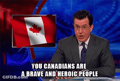A Man In A Suit And Tie Says " You Canadians Are Brave And Heroic People " GIF