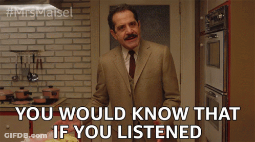 A Man In A Suit And Tie Says " You Would Know That If You Listened " In A Kitchen GIF
