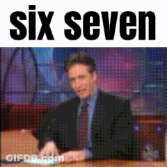 A Man In A Suit And Tie Sits At A Desk With The Words Six Seven Written Above Him GIF