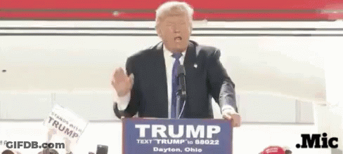 A Man In A Suit And Tie Stands At A Podium That Says Trump GIF