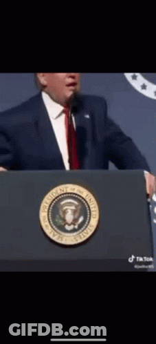 A Man In A Suit And Tie Stands At A Podium With A United States Of America Seal On It GIF