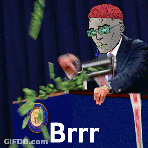 A Man In A Suit And Tie Stands At A Podium With Money Falling Around Him And The Word Brrr On The Bottom Right GIF