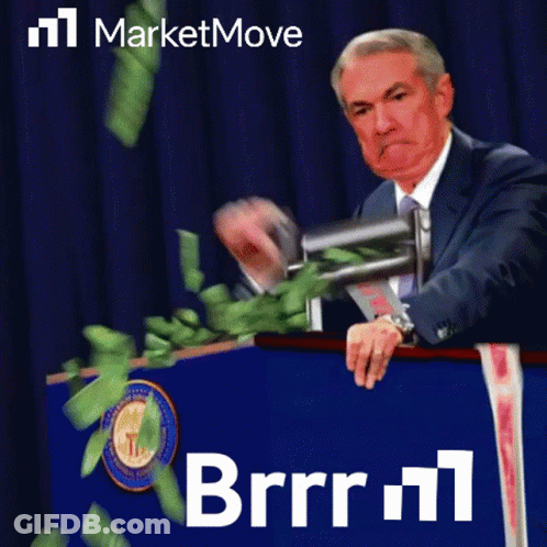 A Man In A Suit And Tie Stands At A Podium With Money Falling Around Him And The Words Marketmove On The Bottom Right GIF