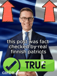 A Man In A Suit And Tie Stands In Front Of A Finnish Flag And A Green Check Mark That Says True GIF