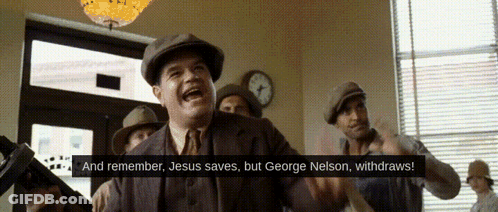 A Man In A Suit And Tie Stands In Front Of A Group Of Men And Says " And Remember Jesus Saves " GIF