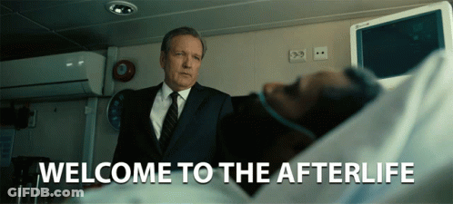 A Man In A Suit And Tie Stands In Front Of A Man In A Hospital Bed With The Words Welcome To The Afterlife Written Below GIF
