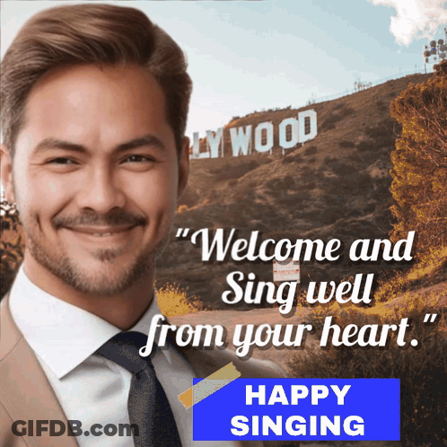 A Man In A Suit And Tie Stands In Front Of A Sign That Says " Welcome And Sing Well From Your Heart " GIF
