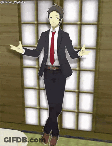 A Man In A Suit And Tie Stands In Front Of A Sliding Glass Door GIF