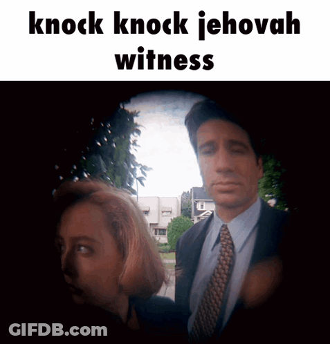 A Man In A Suit And Tie Stands Next To A Woman With The Words Knock Knock Jehovah Witness Above Them GIF