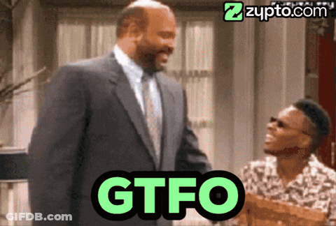 A Man In A Suit And Tie Stands Next To Another Man With The Word Gtfo Written In Green GIF