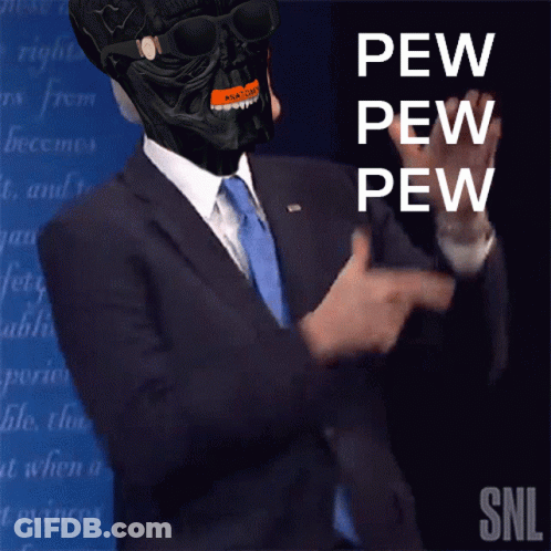 A Man In A Suit And Tie With A Black Skull On His Face Says Pew Pew Pew GIF