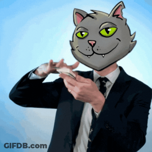 A Man In A Suit And Tie With A Cat Mask On His Head GIF