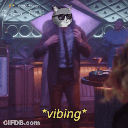 A Man In A Suit And Tie With A Cat On His Head And The Word Vibing GIF