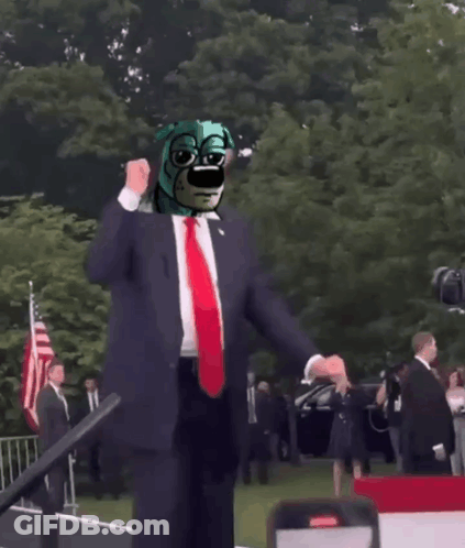 A Man In A Suit And Tie With A Dog On His Head Dancing GIF