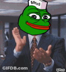 A Man In A Suit And Tie With A Frog On His Head That Says $ 9T05 GIF