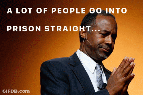 A Man In A Suit And Tie With A Microphone In His Ear And The Words " A Lot Of People Go Into Prison Straight " GIF