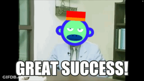 A Man In A Suit And Tie With A Monkey On His Head Says Great Success GIF