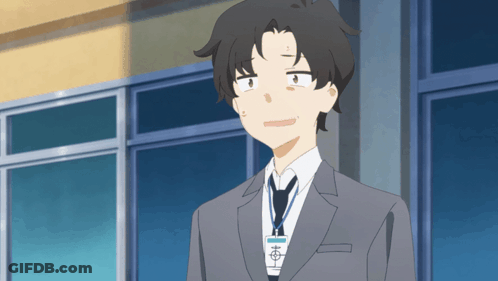 A Man In A Suit And Tie With A Name Tag That Says ' Aoi ' On It GIF