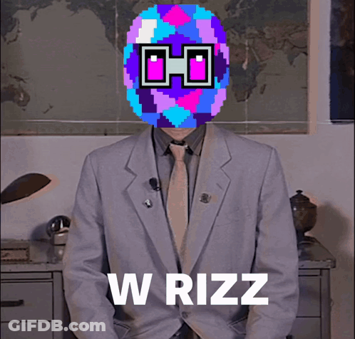 A Man In A Suit And Tie With A Pixelated Face And The Words W Rizz On The Front GIF
