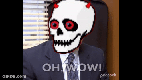 A Man In A Suit And Tie With A Pixelated Skull On His Head Is Sitting In Front Of A Window . GIF