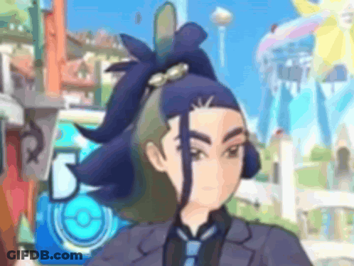 A Man In A Suit And Tie With A Ponytail On His Head . GIF
