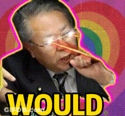 A Man In A Suit And Tie With A Rainbow In The Background Has The Word Would In Yellow Letters GIF