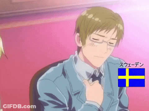 A Man In A Suit And Tie With A Swedish Flag Behind Him GIF