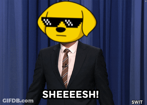 A Man In A Suit And Tie With A Yellow Dog On His Head Says Sheeeesh GIF