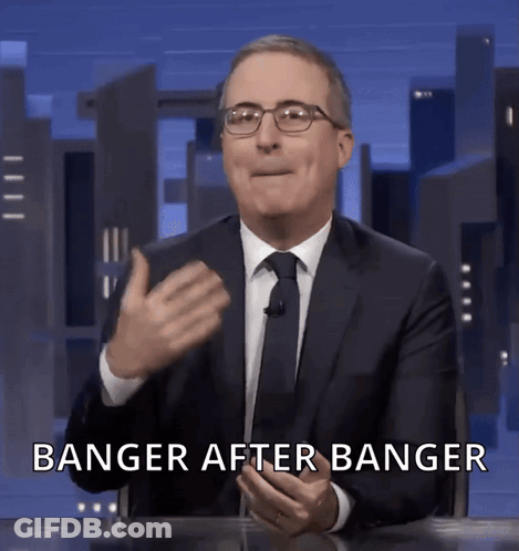 A Man In A Suit And Tie With Banger After Banger Written On The Bottom GIF