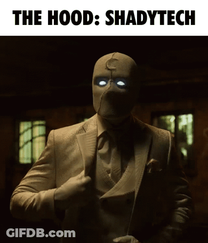 A Man In A Suit And Tie With Glowing Eyes And The Words The Hood Shadytech Above Him GIF