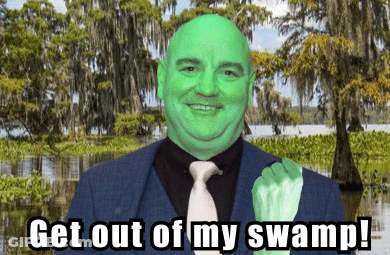 A Man In A Suit And Tie With Green Paint On His Face And The Words Get Out Of My Swamp GIF
