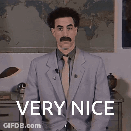 A Man In A Suit And Tie With The Word Very Nice Behind Him GIF