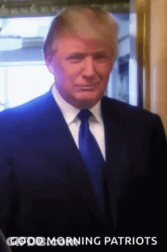 A Man In A Suit And Tie With The Words Good Morning Patriots Below Him GIF