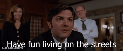 A Man In A Suit And Tie With The Words Have Fun Living On The Streets Written Below Him GIF