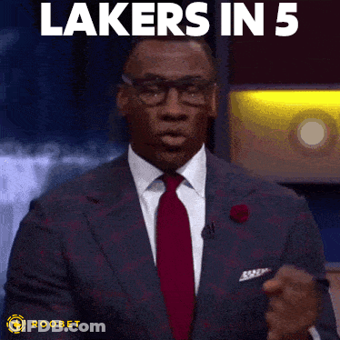 A Man In A Suit And Tie With The Words Lakers In 5 GIF