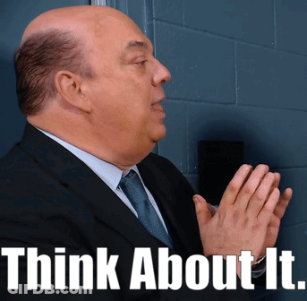 A Man In A Suit And Tie With The Words Think About It Written Below Him GIF