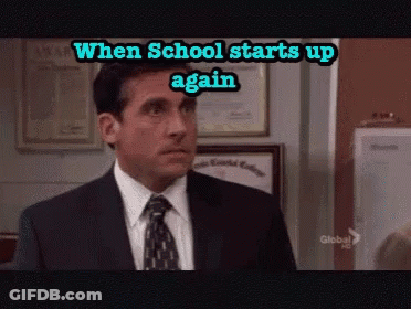 A Man In A Suit And Tie With The Words When School Starts Up Again GIF