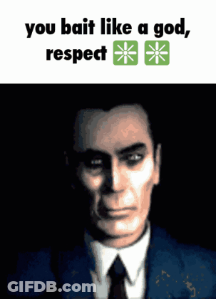 A Man In A Suit And Tie With The Words " You Bait Like A God Respect " Above Him GIF
