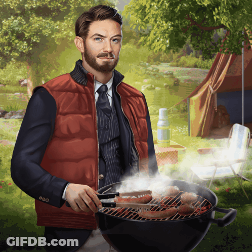 A Man In A Suit And Vest Is Grilling Meat GIF