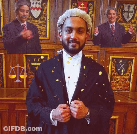 A Man In A Suit And Wig Stands In Front Of A Wall With A Coat Of Arms GIF