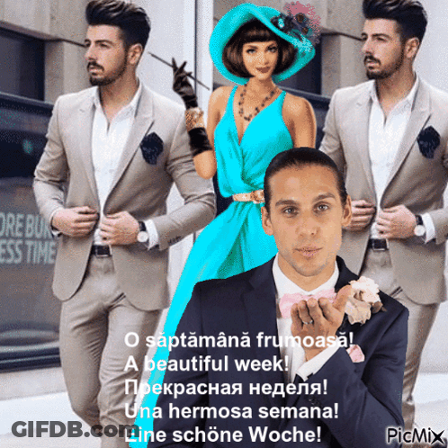 A Man In A Suit Blowing A Kiss With A Woman In A Blue Dress In The Background GIF