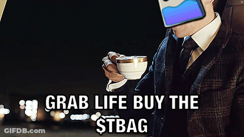 A Man In A Suit Drinking From A Cup With The Words Grab Life Buy The Stbag GIF