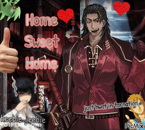 A Man In A Suit Giving A Thumbs Up With The Words Home Sweet Home GIF