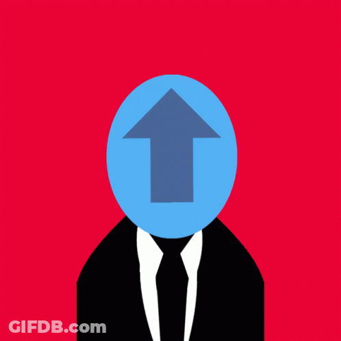 A Man In A Suit Has A Blue Circle With An Arrow Pointing Down In Front Of His Head GIF