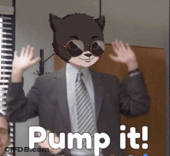 A Man In A Suit Has A Cat Mask On His Face And The Words Pump It GIF