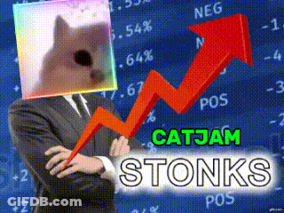 A Man In A Suit Has A Cat On His Head And A Red Arrow Pointing Up With The Words Catjam Stonks Below It GIF