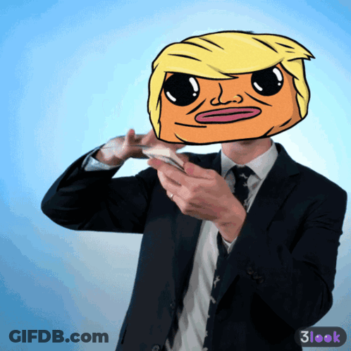 A Man In A Suit Has A Donald Trump Head On His Face GIF